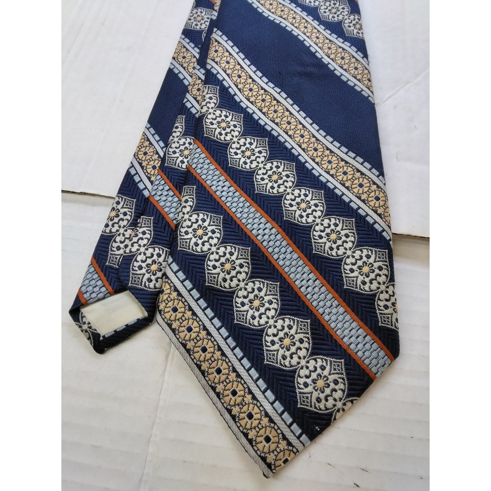Vintage Dino Orsini Tie Medallion Stripe Navy Gold Trevira Polyester 70s ACWA